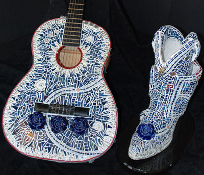 Blue Jean Baby Guitar and Boot sculptures